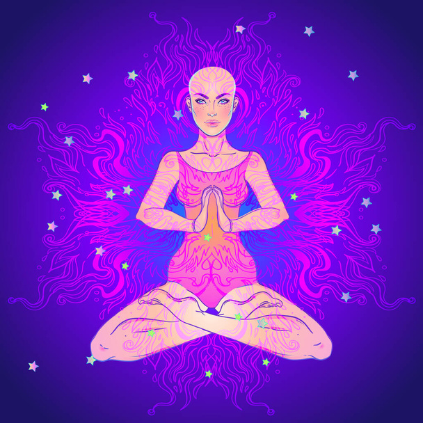 Beautiful Girl sitting in lotus position over ornate colorful neon background. Vector illustration. Psychedelic composition. Buddhism esoteric motifs. - ベクター画像