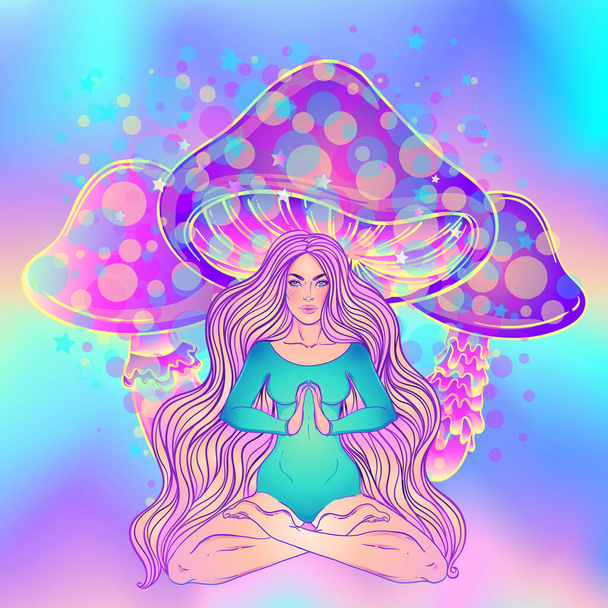Beautiful Girl sitting in lotus position over ornate colorful neon background. Vector illustration. Psychedelic mushroom composition. Tattoo, spiritual yoga. - Διάνυσμα, εικόνα