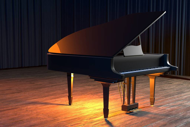 Grand Piano a koncertterem vagy a kis jazz klub színpadán. 3D renderelés - Fotó, kép