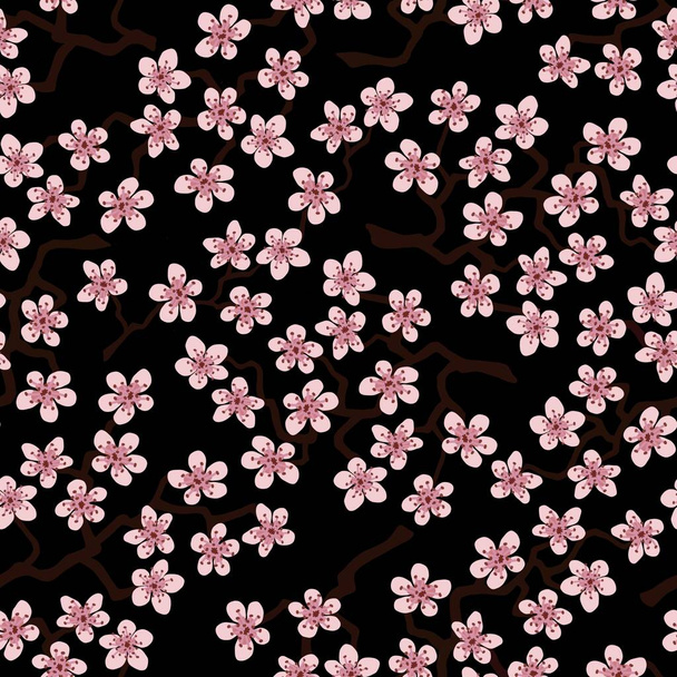 Płynny wzór z kwitnącymi gałęziami japońskiej wiśni sakura do tkanin, opakowań, tapet, dekoracji tekstylnych, wzorów, zaproszeń, kart, nadruków, opakowań upominkowych, produktów.Różowe kwiaty na czarnym tle - Zdjęcie, obraz