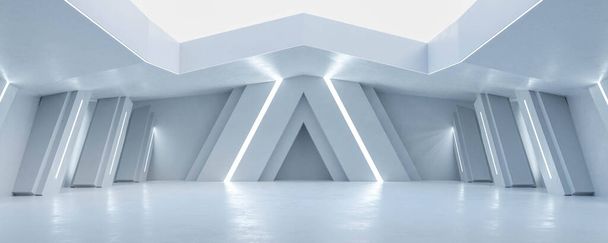 現代の未来的なホワイトテクノロジーデザインコンクリートホール3Dレンダリングイラスト - 写真・画像