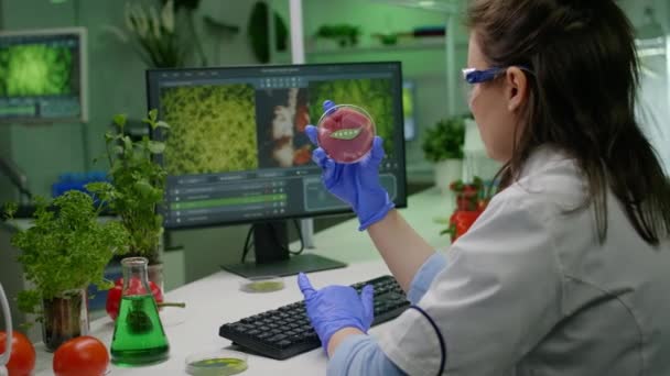 Mujer investigadora bióloga analizando carne de res vegana para el experimento de microbiología - Imágenes, Vídeo