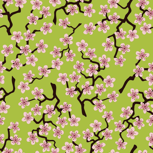Patrón sin costuras con flores ramas de sakura de cerezo japonés para tela, embalaje, papel pintado, decoración textil, diseño, invitaciones, tarjetas, impresión, envoltura de regalo, manufacturing.Pink flores sobre fondo de mostaza - Foto, imagen