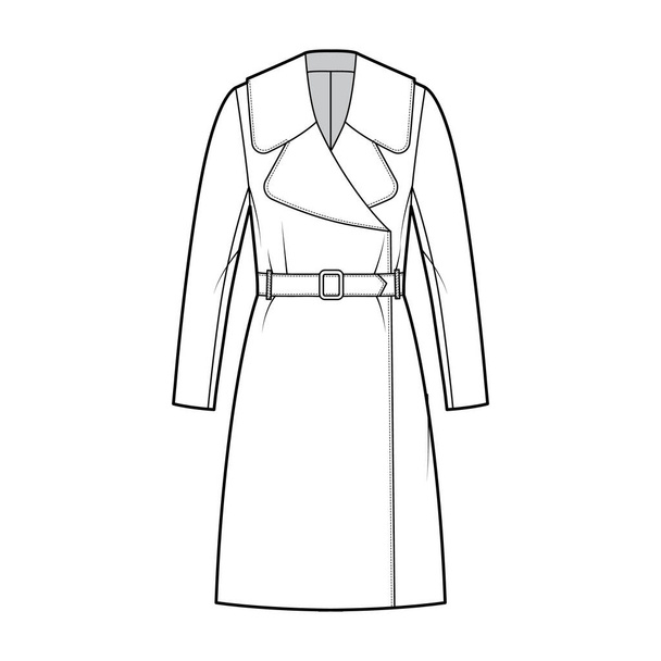 Ζώνη τεχνική απεικόνιση της μόδας παλτό με μακριά μανίκια, τεράστια εγκοπές γιακά, υπερμεγέθης σώμα, μήκος γόνατος. Επίπεδη - Διάνυσμα, εικόνα