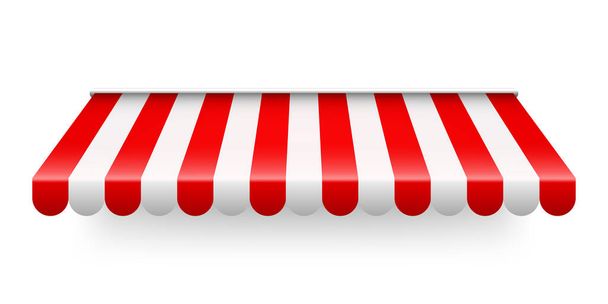 Red shop sunshade isolated on white background. Realistic striped cafe awning. Outdoor market tent. Roof canopy. Summer street store. Vector illustration. - Vector, Image