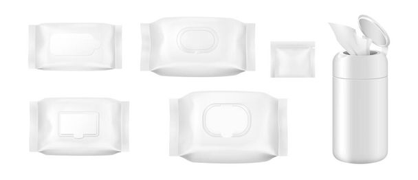 Paquetes de toallitas húmedas realistas. Plantilla de embalaje de plástico blanco para limpiar servilletas - Vector, imagen