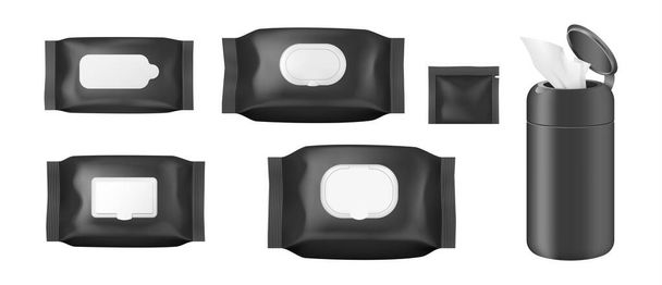 Realistisches kosmetisches Feuchttücher-Set mit offener und geschlossener Klappe von oben und von der Seite - Vektor, Bild
