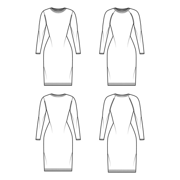 Zestaw sukienka na szyję załogi Sweter techniczny moda ilustracja z długimi rękawami raglan, smukłe dopasowanie, długość kolana - Wektor, obraz