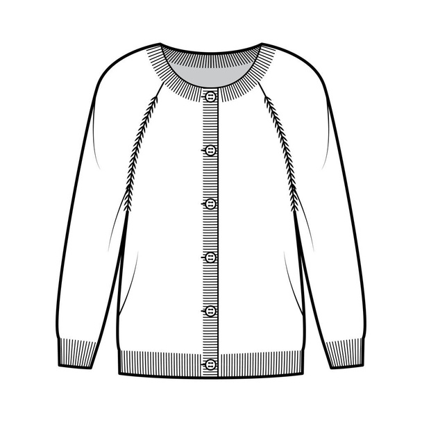 Cuello redondo cárdigan técnica moda ilustración con cierre de botón, manga larga raglán, de gran tamaño, longitud de la cadera - Vector, imagen
