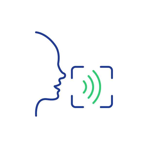 Spraak- en spraakherkenningslijn Ikoon. Voice Command Icon met Geluidsgolf. Spraakbesturing. Spreek of praat herkenningsregel pictogram. Menselijk hoofd en Geluidsgolf. Vector Illustratie - Vector, afbeelding