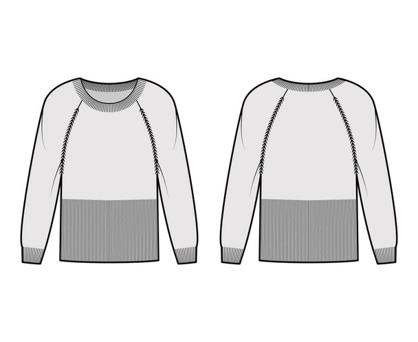 Талия Свитер техническая мода иллюстрация с круглой шеей ребра, длинные рукава реглан, оснащенный корпус, длина бедра, отделка - Вектор,изображение