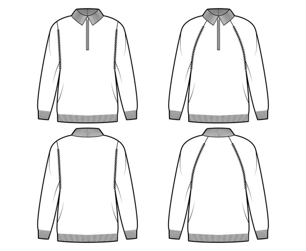 Набор свитеров-застежек-молний техническая модная иллюстрация с шеей из ребрышек, длинные рукава из реглана, крупногабаритные, трикотажные - Вектор,изображение