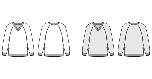 V-neck Sweater technical fashion illustration with long raglan sleeves, oversized, hip length, knit rib trim Flat jumper - Vector, Image