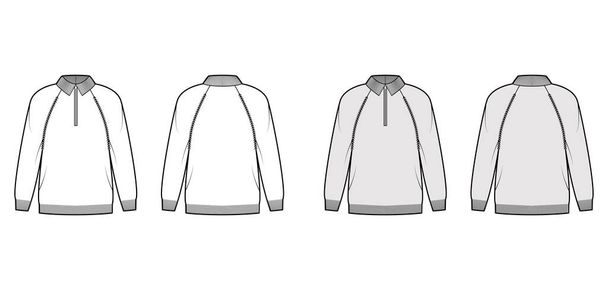 Zip-up Sweater τεχνική απεικόνιση μόδας με λαιμό henley, γιακά, μακριά μανίκια raglan, μήκος ισχίου, πλεκτό rib τελειώματα - Διάνυσμα, εικόνα