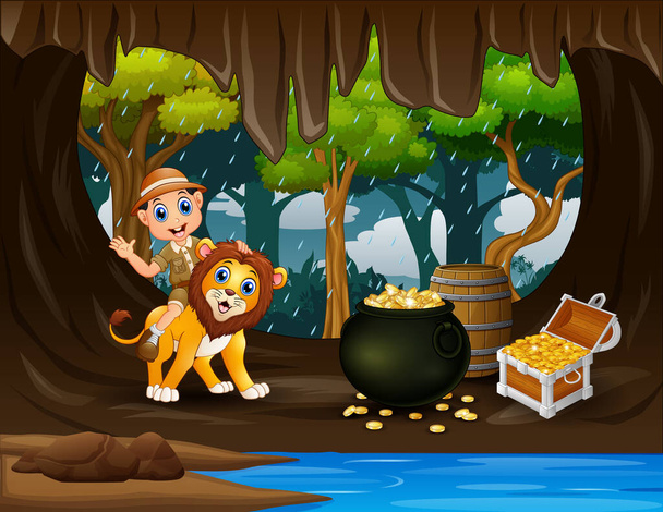 Счастливый смотритель зоопарка и лев в иллюстрации пещеры сокровищ - Вектор,изображение