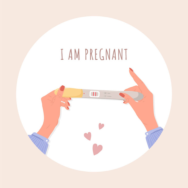 Το γυναικείο χέρι έχει θετικό τεστ εγκυμοσύνης ή ωορρηξίας. Είμαι έγκυος έννοια με κείμενο. Σχεδιάζω μωρό και μητρότητα. Εικονογράφηση διάνυσμα σε επίπεδο στυλ κινουμένων σχεδίων - Διάνυσμα, εικόνα