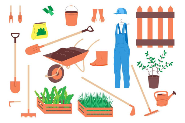 Φάρμα, κήπος, σετ γεωργικών εργαλείων. Εργαλεία για το σκάψιμο του εδάφους, την κατασκευή κρεβατιών, τη φύτευση φυτών λαχανικών και φρούτων και το πότισμα φυτών. Επίπεδη απεικόνιση διανύσματος κινουμένων σχεδίων - Διάνυσμα, εικόνα