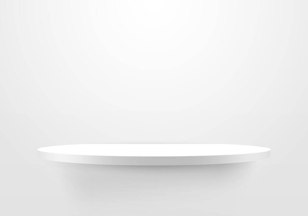 3D prázdná bílá police na čistém pozadí tapety. Minimální mokup design pro prezentaci produktového designu, výstavní vitrína. Vektorová ilustrace - Vektor, obrázek