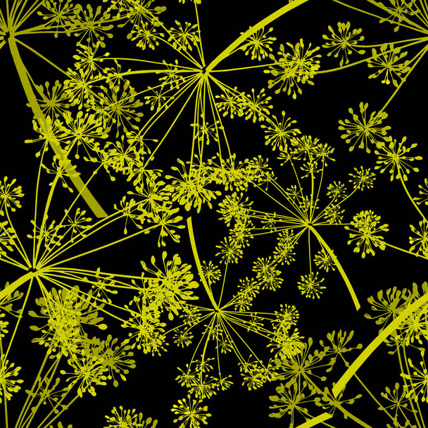 Το κίτρινο διάνυσμα αδιάλειπτη μοτίβο των σπόρων άνηθου είναι σε μαύρο φόντο - Διάνυσμα, εικόνα