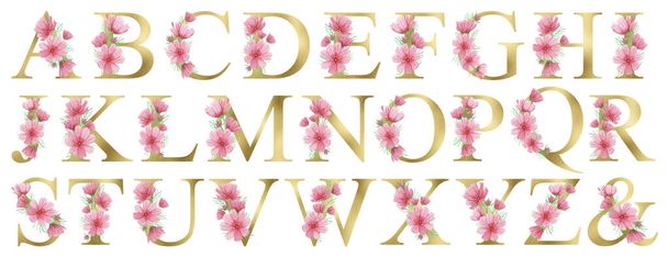 Akvarell arany virágos ábécé Állítsa be a nyári rózsaszín virágok. Virágos csillámpor levelek. Esküvői meghívók, babaköszöntő, szublimációs dizájn, születésnap, egyéb koncepciók. - Fotó, kép