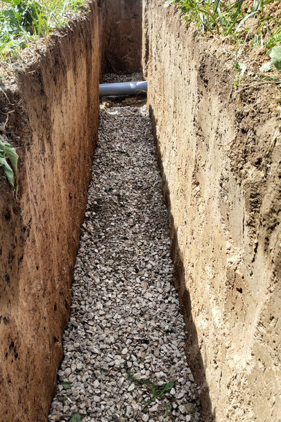 Gravel trench for drainage and drainage, drainage around the house.new - Photo, Image