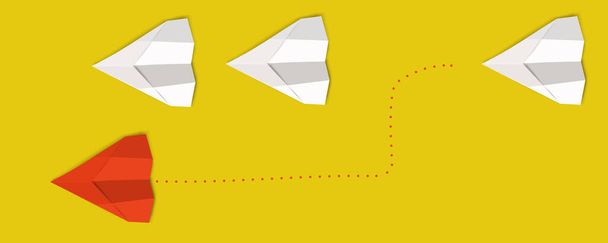 Differenz Denken Papierflugzeug Konzept: rotes Flugzeug folgen seinem eigenen neuen Weg mit einzigartigen Ehrgeiz und Ziel: einzigartiges Konzept sein, Mut zum Risiko. Führung. - Foto, Bild