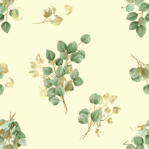 Watercolor seamless pattern with eucalyptus branches on a light background. Foliage, greenery, eucalyptus leaves. For textiles, wallpaper, invitations, greetings. - 写真・画像