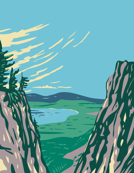 Вид Национального Вулканического Памятника Ньюберри в районе Вулкана Ньюберри в американском штате Орегон на плакат WPA, выполненный в стиле администрации проекта или федерального арт-проекта. - Вектор,изображение