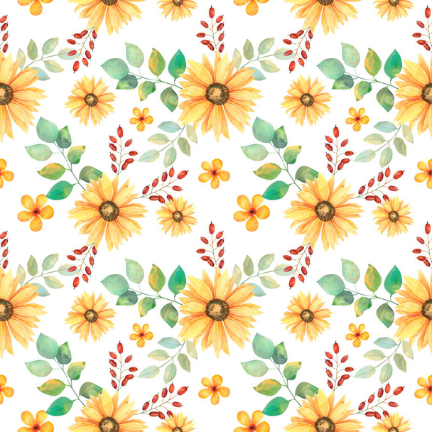 Seamless floral pattern with sunflower flowers,barberry berries,small honey flowers and twigs with green leaves of different sizes.Great for fabric,scrapbook paper and scrapbooking,postcards and decor - 写真・画像