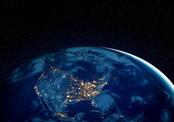 現実的な地球の表面と世界地図を示す宇宙からの惑星地球の地球の眺め - 写真・画像