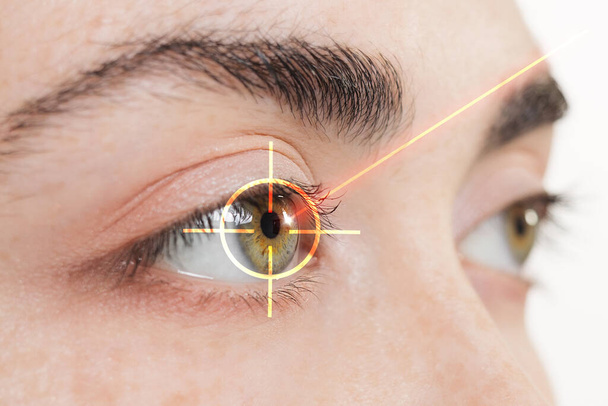 Vrouwelijke groene ogen van dichtbij. Een laserstraal is gericht op de iris van het oog. Zijaanzicht. Het concept van laser vision correctie. - Foto, afbeelding