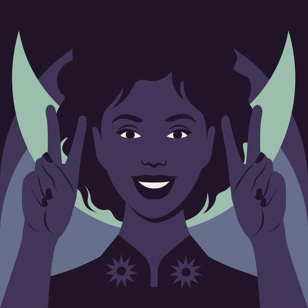Молодая африканская женщина улыбается и показывает знак победы. Современная счастливая ведьма на мистическом фоне с луной. Векторная плоская иллюстрация - Вектор,изображение