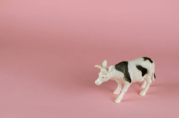 Figurine of a toy cow on a pink background. White animal with black spots. Cattle breeding, farming concept. Copy space. Side view at an angle. - 写真・画像