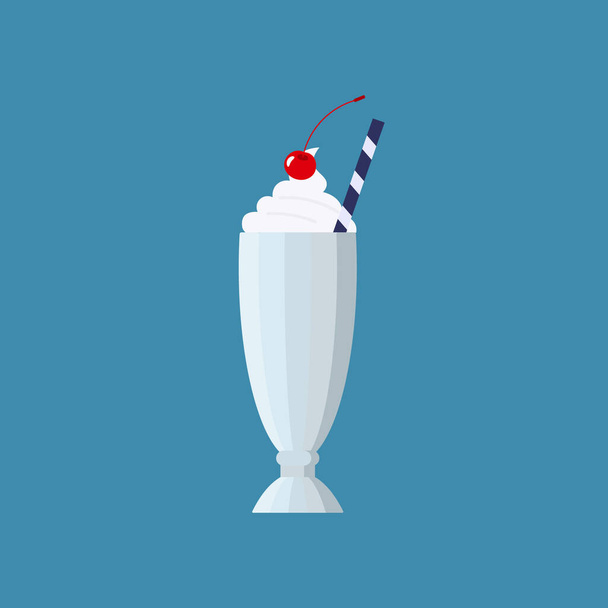 Flat vector illustration of old fashioned milkshake cocktail with whipped cream and cherry on top. Isolated on blue background - Vector, Image