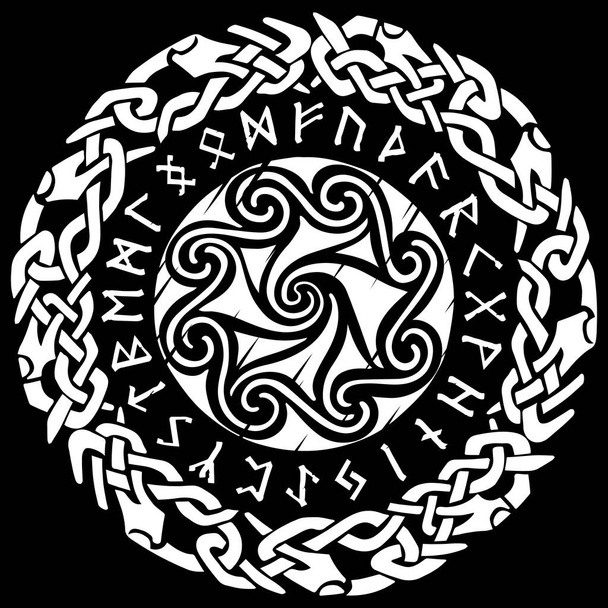 Ancient Celtic, Scandinavian pattern, Scandinavian knot - work illustration and Runes - Old Norse alphabet - Vector, Image