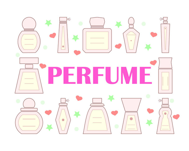 Perfume pink bottles with hearts and stars. Poster with linear and outline icons. Template for signboard cosmetic shop and other ideas. Clipart and drawing on white background.  - Vector, Imagen