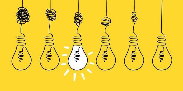 Simplifying complex process concept. Doodle lightbulb on yellow background, unclear idea abstract curve drawing. Vector art - Vector, Image