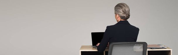 Back view of businesswoman using laptop near papers on table isolated on grey, banner  - Foto, Bild