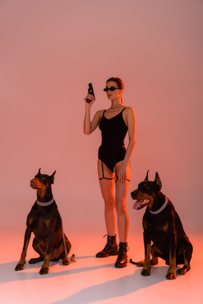 brunette woman in bodysuit holding gun near dobermans on pink background with yellow light - Photo, Image