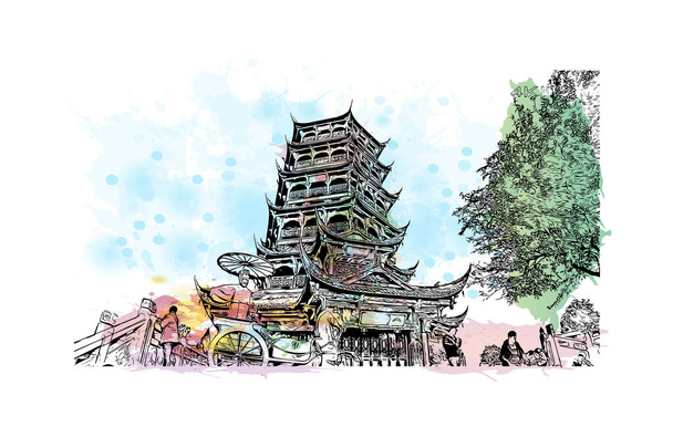 Print Building view with landmark of Dujiangyan is the city of China. Watercolour splash with hand drawn sketch illustration in vector. - Vector, Image