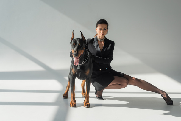 стильная женщина в черном платье блейзера позирует рядом с собакой добермана на сером фоне с тенями - Фото, изображение