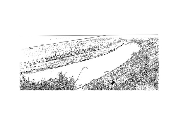 印刷都江堰のランドマークとビルのビューは、中国の都市です。手描きのスケッチ図ベクトル. - ベクター画像