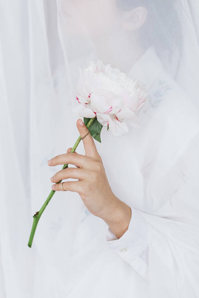 Чувственная красивая женщина за мягкой белой тканью с розовым пионом в руках. Молодая стильная женщина нежно держит большой розовый пионский цветок. Нежное изображение. Весенняя эстетика. Новобрачное утро - Фото, изображение