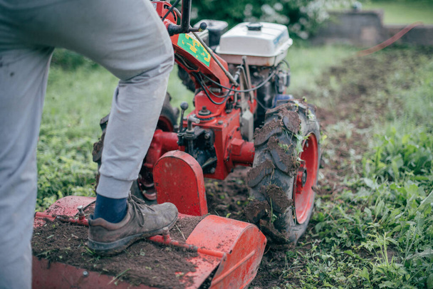 Mies työskentelee puutarhassa, kyntää maata viljelyskoneella. Nuori kaveri, jolla on käsi traktori kaivaa maata kasvimaa varten maalaistalossa - Valokuva, kuva