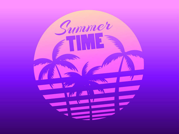 Palmuja vastaan kaltevuus aurinko tyyliin 80-luvulla. Synthwave ja retrowave tyyli. Violetti väri. Suunnittelu mainoslehtisiä, bannereita, julisteita, matkatoimistoja. Vektoriesimerkki - Vektori, kuva