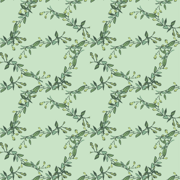 Eucalyptus tree branch with buds drawing, floral seamless pattern, nature abstract background vector. Line art botanical illustration graphic design print, fabric. Trendy green mint colors wallpaper - Vektor, kép