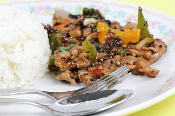 Stir fried beef with black hot pepper and steam rice - Photo, Image