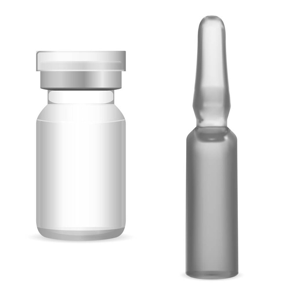 Szklana fiolka. makieta ampułki do wstrzykiwań, 3d słoik farmaceutyczny, pojemnik na szczepionkę wyizolowany na białym tle. Zbliżenie dawki antybiotyku przeciw grypie - Wektor, obraz