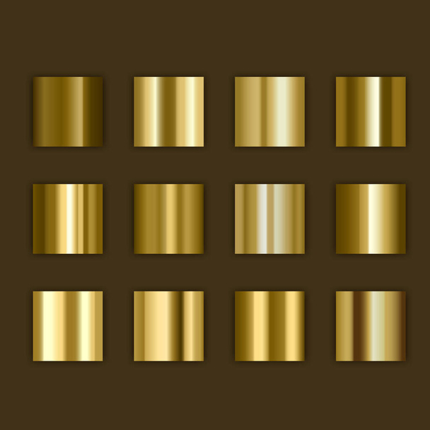 Goud, gouden verloop, Set van kleuren voor het ontwerp, collectie van hoge kwaliteit gradiënten. Metallic textuur voor glanzende achtergrond - Vector, afbeelding