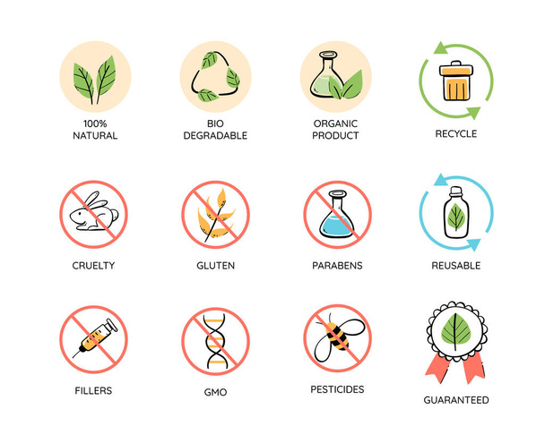 Natural and organic products icon set. Toxic free emblems. No animal tested, natural cosmetic icons. Recycle and reuse. Colorful vector illustration. - Vector, Image